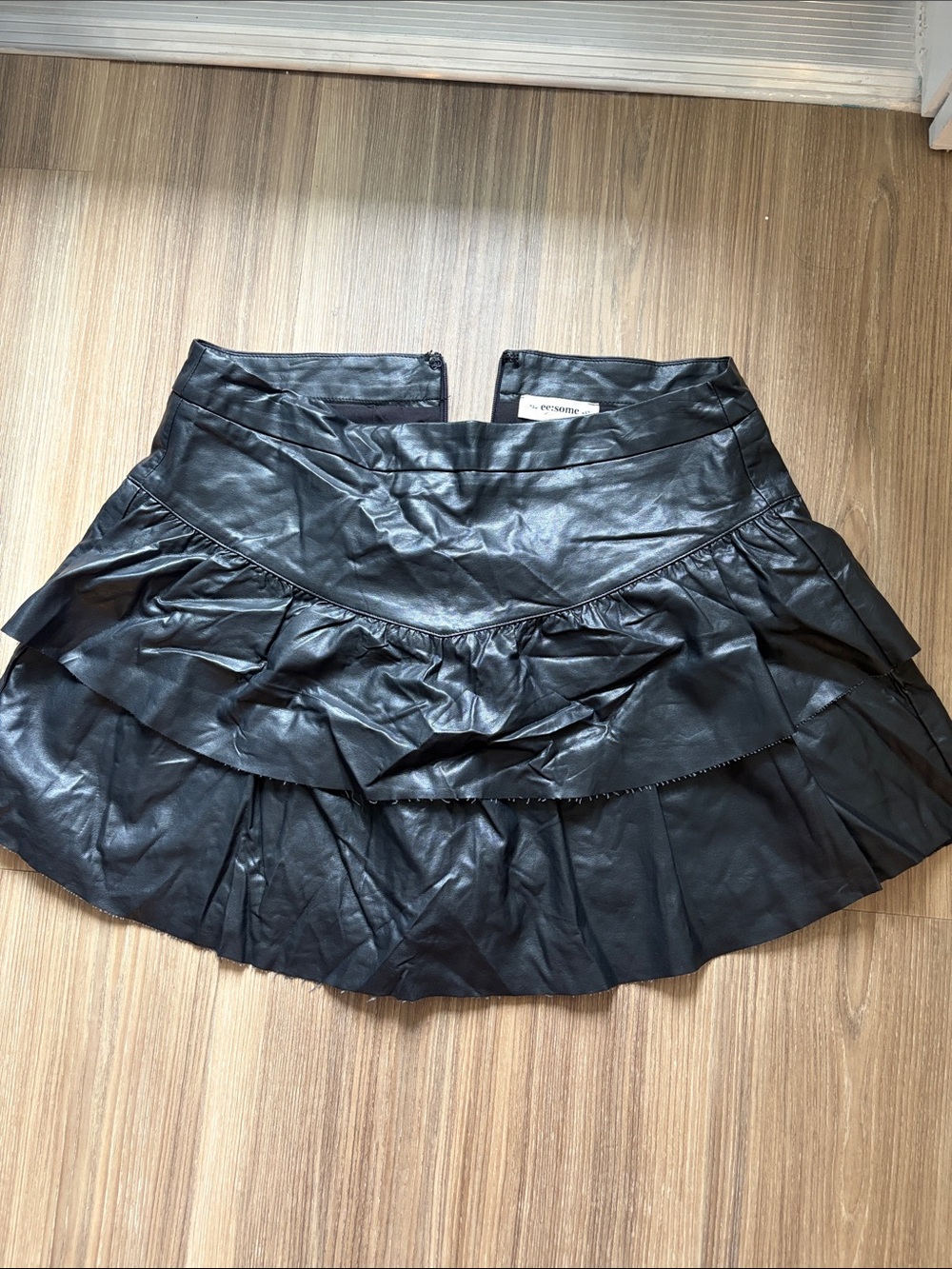 eesome Black Faux Leather Ruffle Skater Skirt